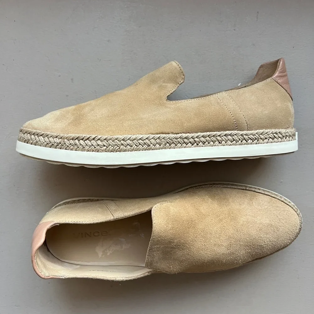 Vince Women 6.5 M‎ Tan Suede Espadrille Slip On Sneakers Braided Jute Platform